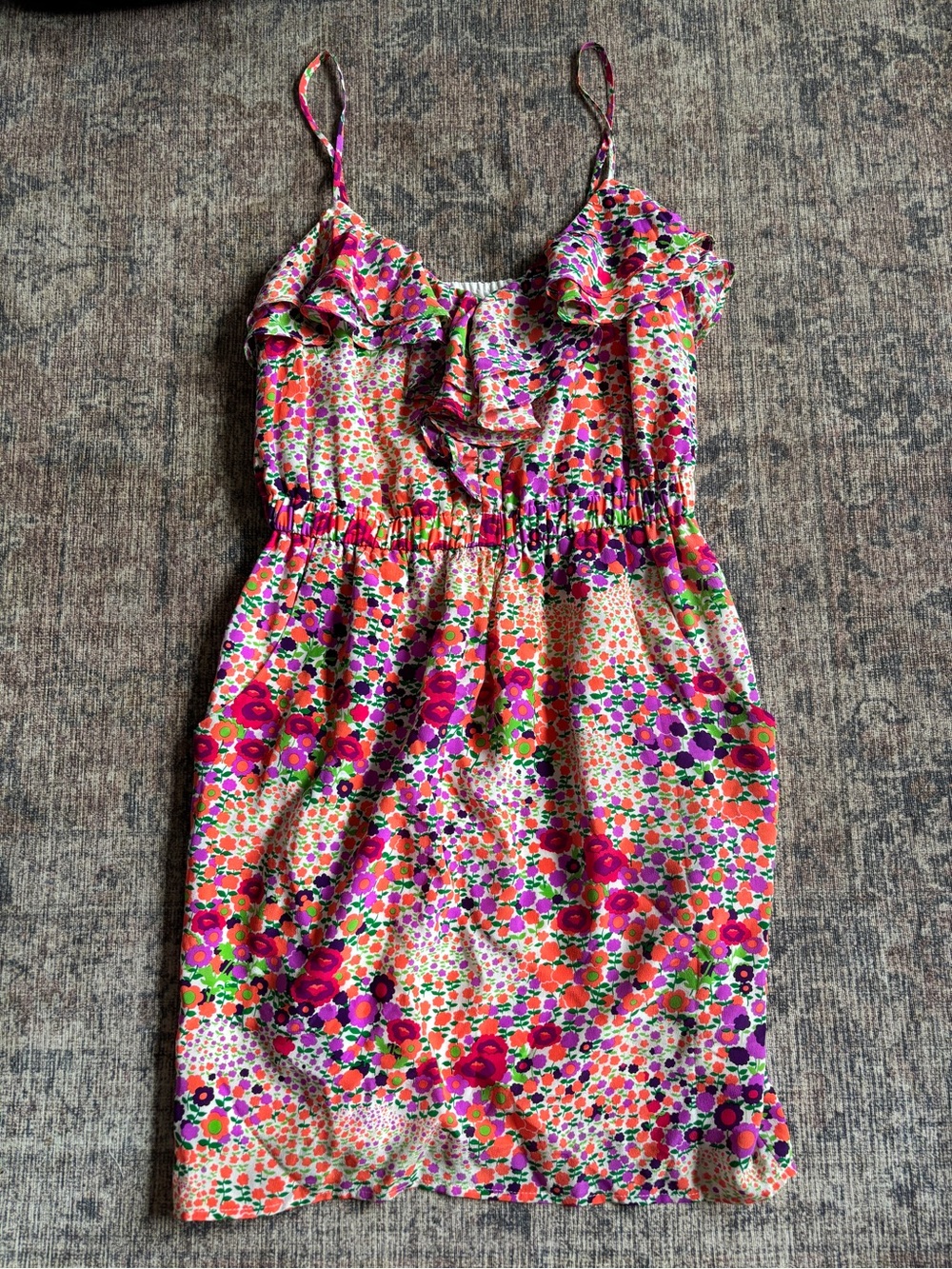 Shoshana Floral Ruffle Sundress in Pink & Orange 100% Silk Size 2